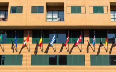Government building with flags